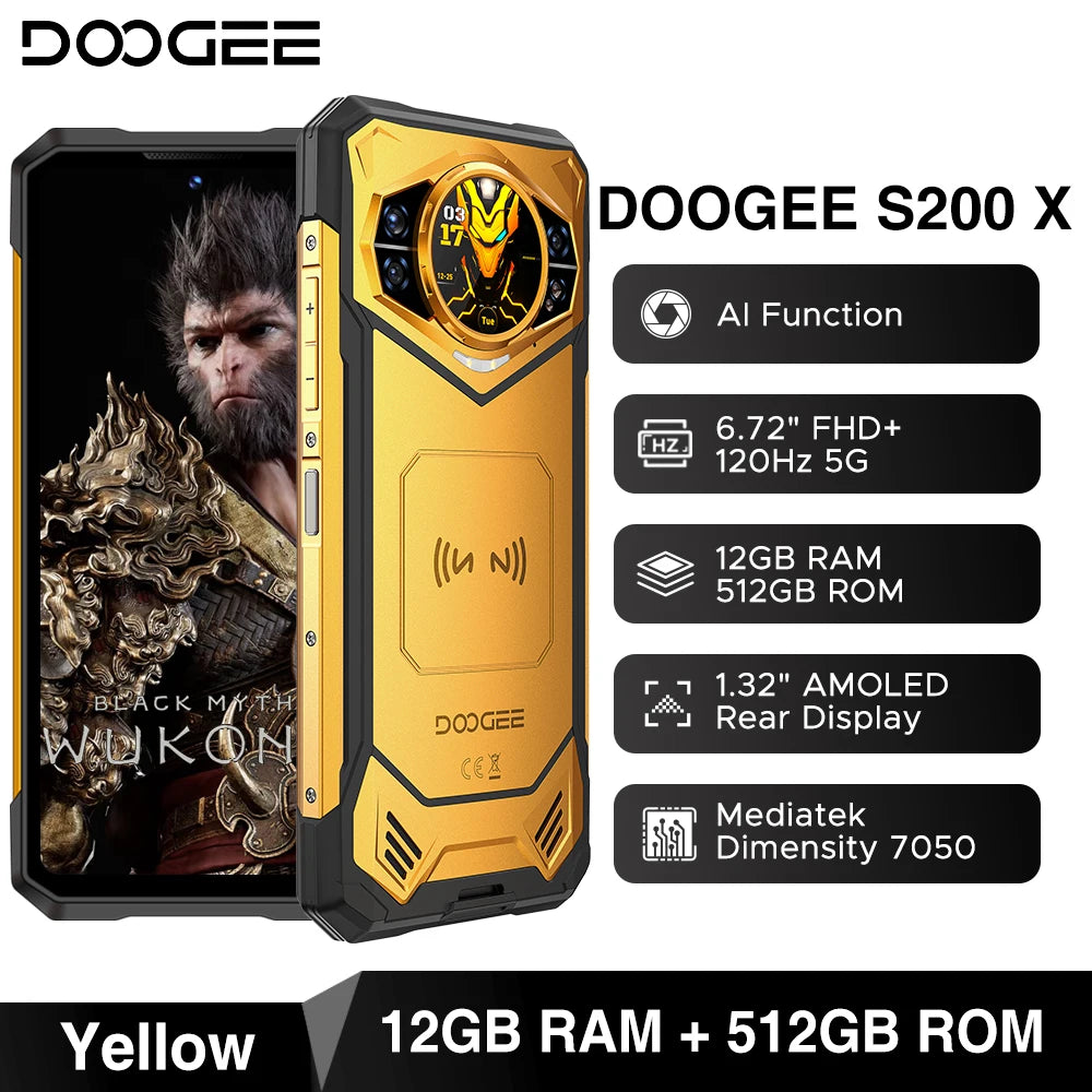 DOOGEE S200 X 5G Rugged Phone 48GB 512GB Dimensity 7050 6.72” FHD+120Hz 10100mAh 100MP Camera Android 16 NFC Smartphone
