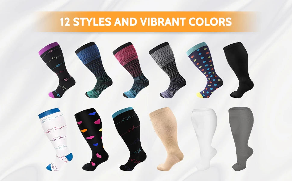 2XL-7XL Plus Size 20-30 mmHg Compression Socks for Women Men Wide Calf Extra Large Knee High Flight Sock for Circulation Support