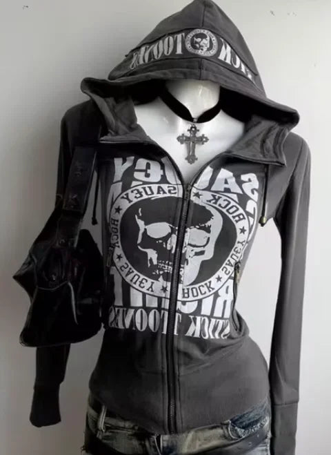 American street hot girl retro print black classic zipper hoodie women's y2k hip-hop trend temperament slim design jacket