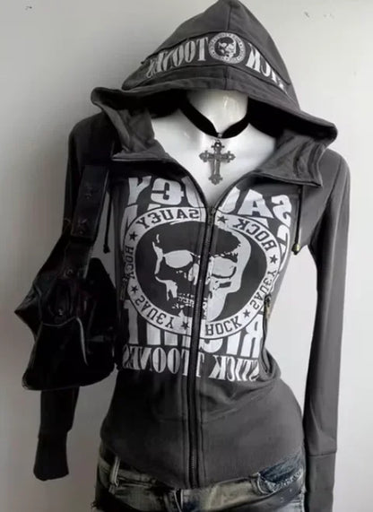 American street hot girl retro print black classic zipper hoodie women's y2k hip-hop trend temperament slim design jacket
