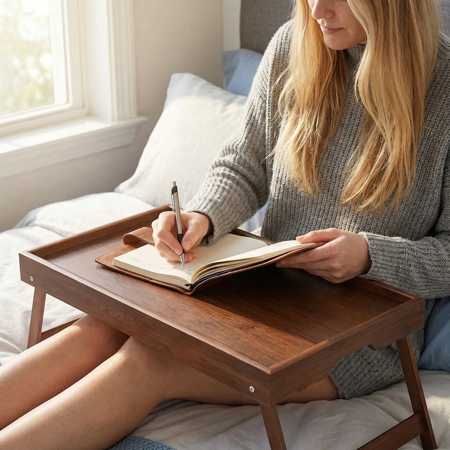 Portable Multifunctional Bamboo Bed Tray Table with Folding Legs Breakfast in Bed Tray for Sofa Serving Eating Working Reading