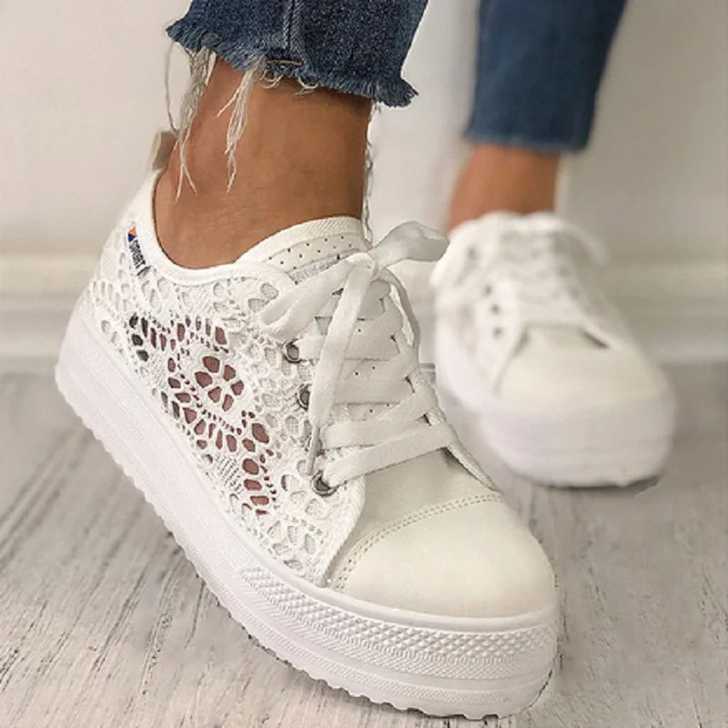 Women Shoes 2023 Fashion Summer Casual White Shoes Cutouts Lace Canvas Hollow Breathable Platform Flat Shoes Woman Sneakers