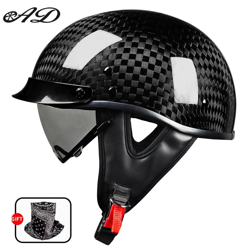    Best Seller Carbon Fiber Retro Motorcycle Half Face Helmet with Comfortable Lining Protective Goggles Helmet Factory Wholesale