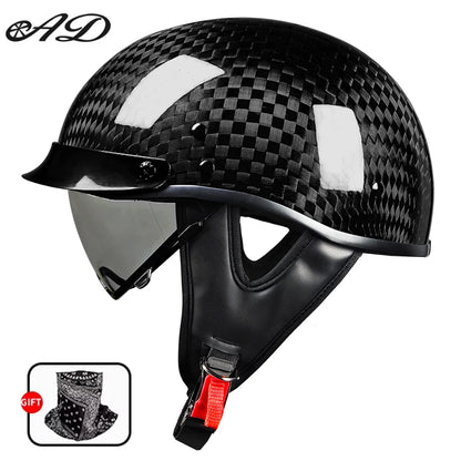    Best Seller Carbon Fiber Retro Motorcycle Half Face Helmet with Comfortable Lining Protective Goggles Helmet Factory Wholesale