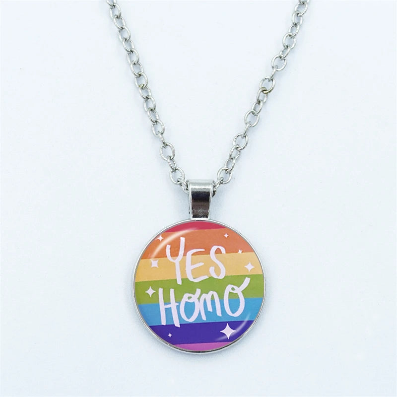 Rainbow Necklace LGBT Lesbian Gay Pride Rainbow Friendly Print Art Pattern Glass Cabochon Pendant Couple Chain Necklace Gift