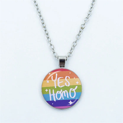 Rainbow Necklace LGBT Lesbian Gay Pride Rainbow Friendly Print Art Pattern Glass Cabochon Pendant Couple Chain Necklace Gift