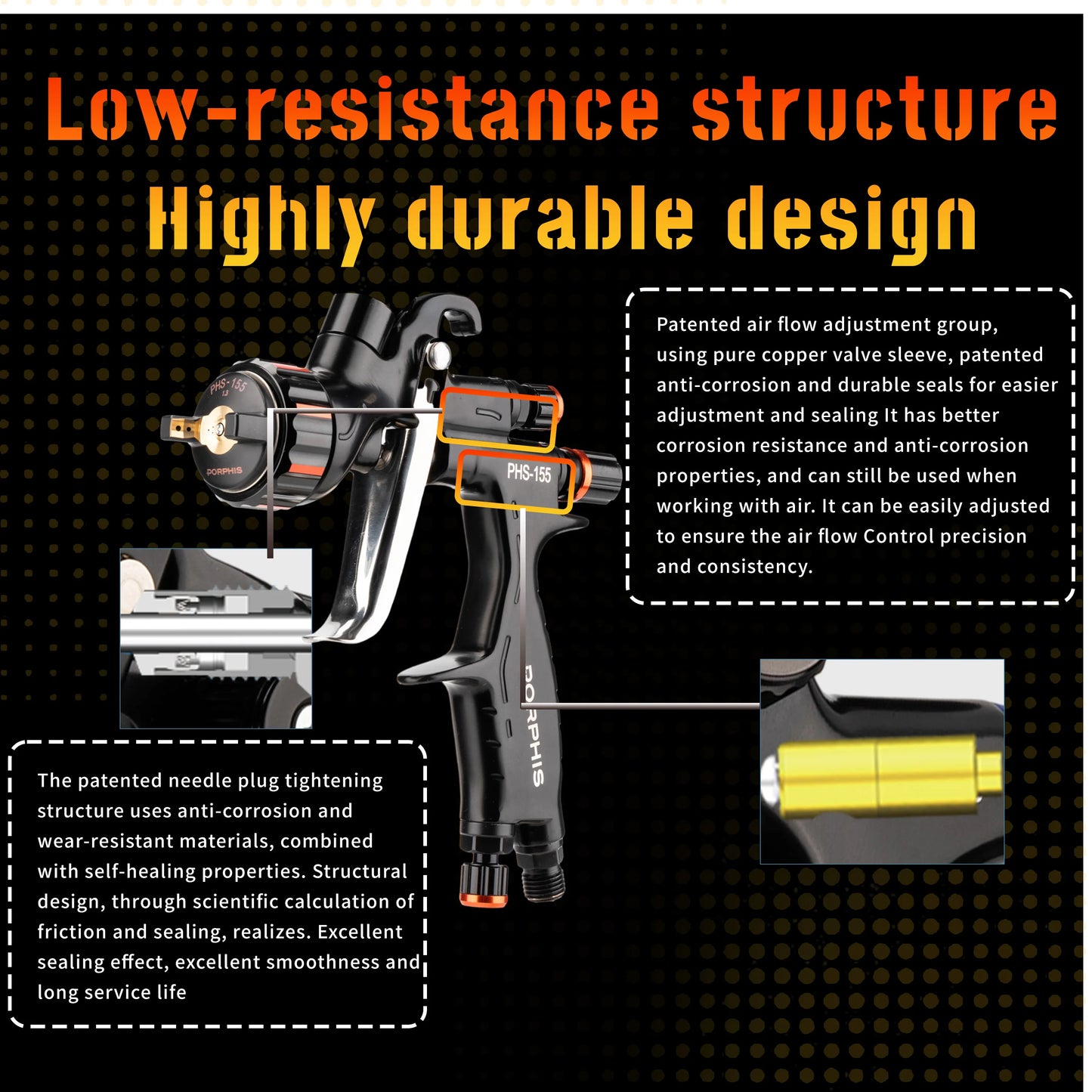 Original PORPHIS MP PHS-155 Paint Spray Gun Professional Automotive Paint Gun For Car Painting Repair Spray Gun Pneumatic tool