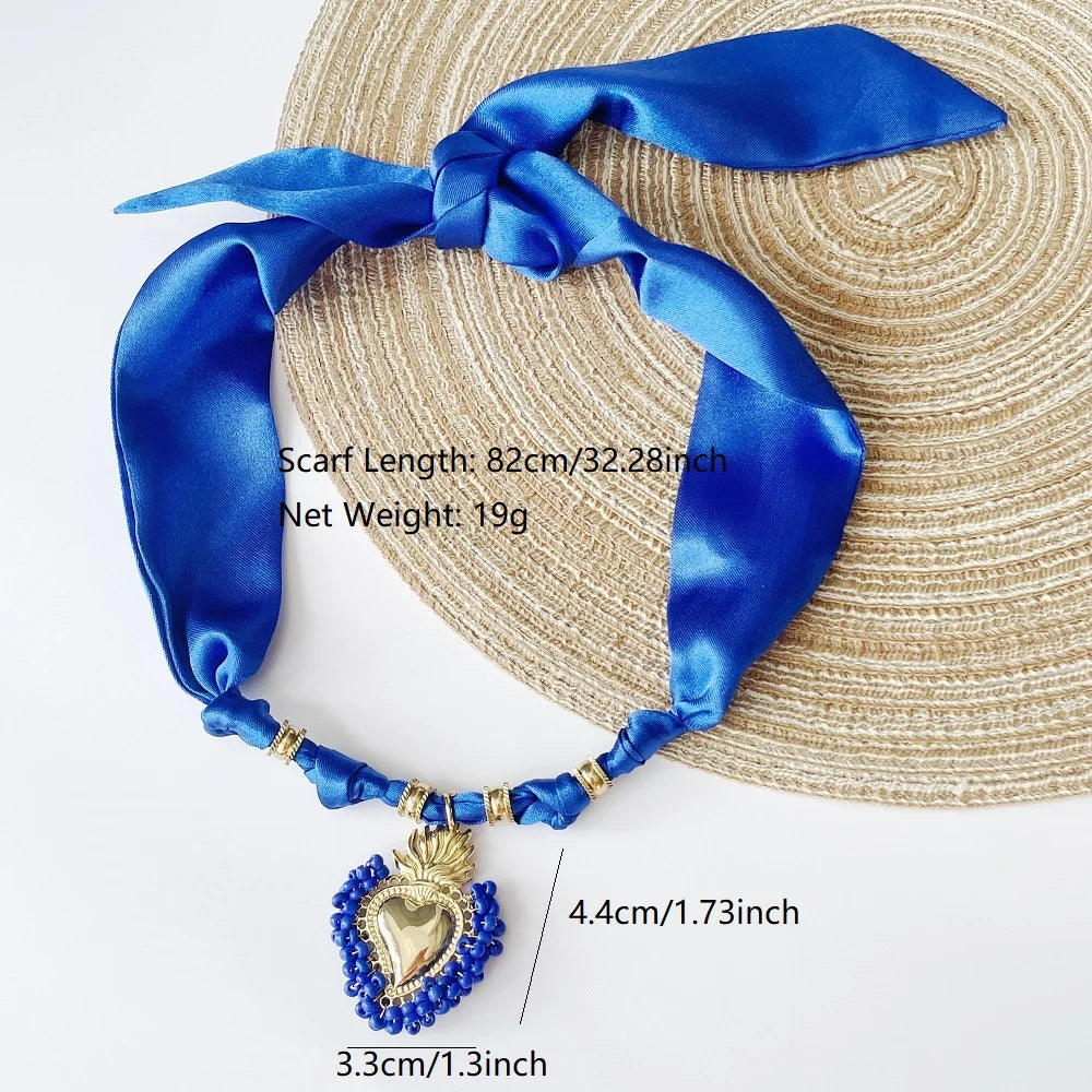 Women’s Fashion Scarf Necklace with Large Stainless Steel Heart Pendant Stackable Bandana Jewelry