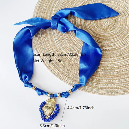 Women’s Fashion Scarf Necklace with Large Stainless Steel Heart Pendant Stackable Bandana Jewelry