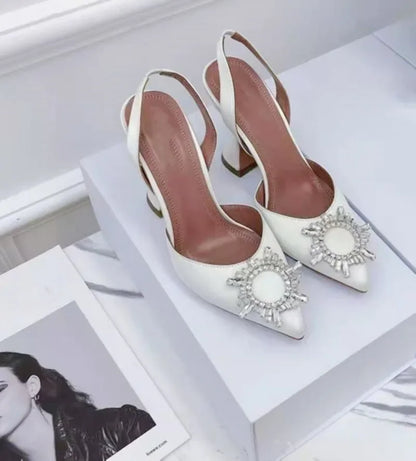Brand Women Pumps Luxury Crystal Slingback High Heels Summer Bride Shoes Comfortable Triangle Heeled Party Wedding Shoes