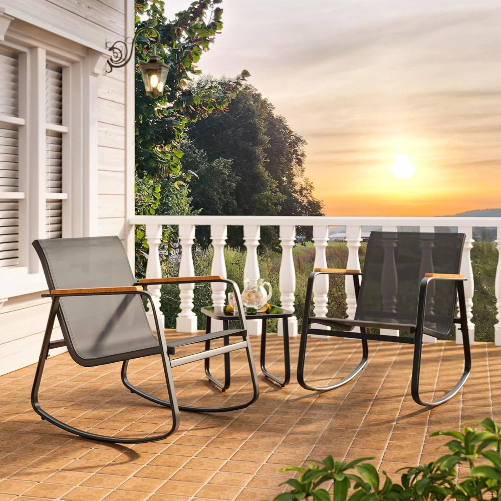 3-Piece Patio Furniture Set, Textilene Outdoor Rocking Bistro Set with Wood Armrests & Coffee Table for Lawn Porch Poolside