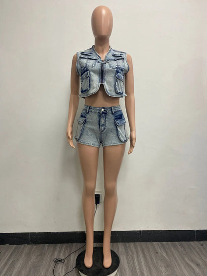 Multi Pockets Jeans Shorts Outfit Set Sexy Women Elegant Two Pieces Denim Club Matching Set Top+Shorts