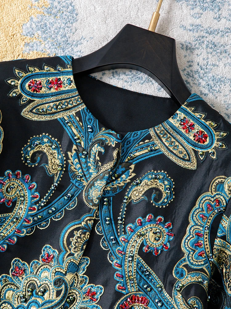 Elegant Embroidered Jacquard Trench Coat for Women 2025 | Round Neck Mid-Length Jacket | European Style Spring Fall Outerwear