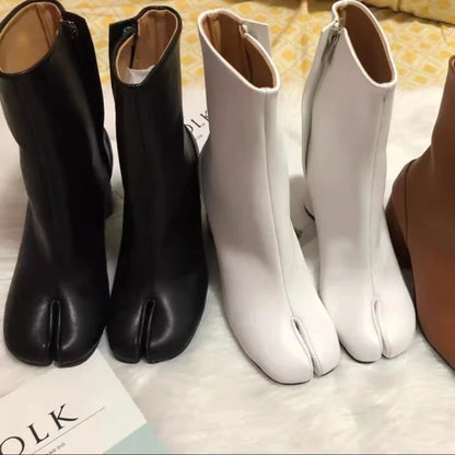 Luxury Brand Designer Tabi Split-toe Ankle Boots Women Genuine Leather Chunky Round Heel Short Boots 2024 Autumn Winter Shoes