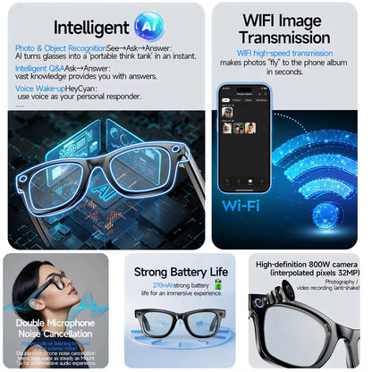 8MP HD Camera Smart Glasses Color-Changing AI Real-time Translation BT Call Music Play Photo Video Record Sunglasses Men Women