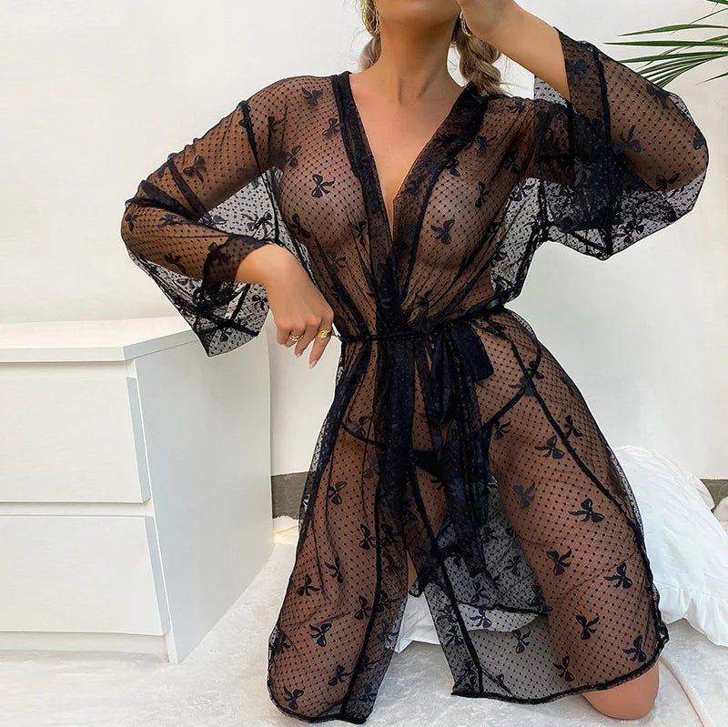 Sexy Women Night Dress Bow Print Mesh Sleepwear Gowns For Girlfriend Long Sleeve Cardigan Bathrobe Black Transparent Shower Robe