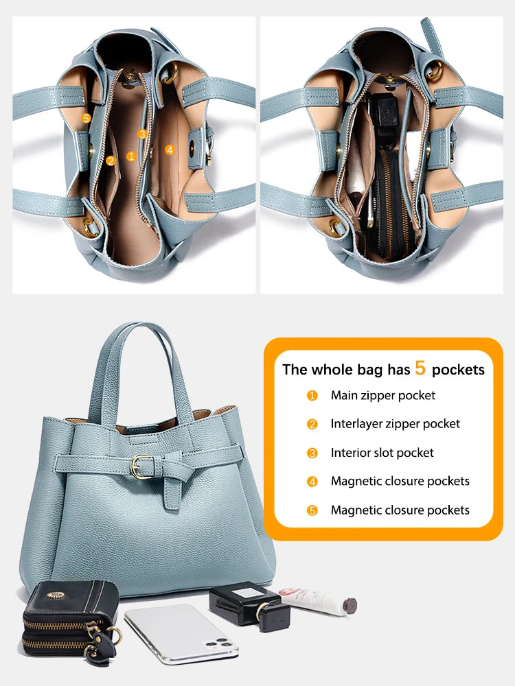 Zency Fashion Genuine Leather Top-handle Bag For Women Luxury Designer Crossbody Bag Zipper Purse Elegant OL Work Bag Tote Sac