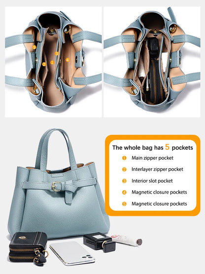 Zency Fashion Genuine Leather Top-handle Bag For Women Luxury Designer Crossbody Bag Zipper Purse Elegant OL Work Bag Tote Sac