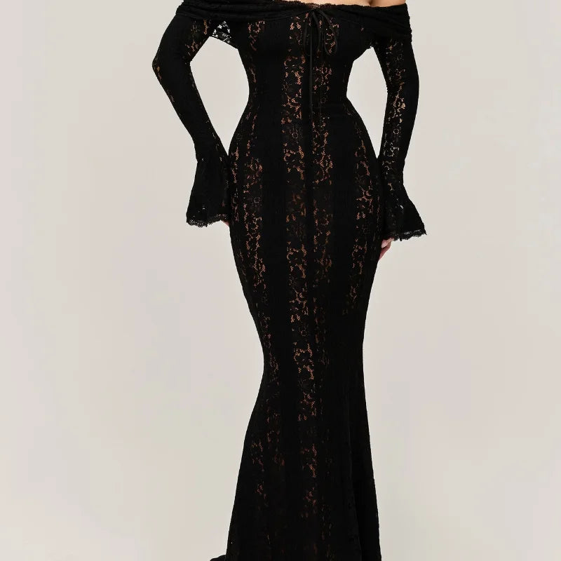 White Sexy Lace Flare Sleeve Dress Off Shoulder Slim Maxi Dresses Women 2024 Female Hollow Out Mermaid Floor Length Elegant Robe