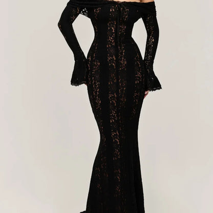 White Sexy Lace Flare Sleeve Dress Off Shoulder Slim Maxi Dresses Women 2024 Female Hollow Out Mermaid Floor Length Elegant Robe