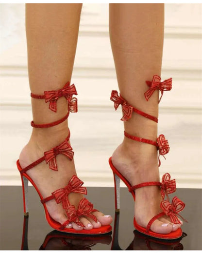 Luxury Rhinestones Mesh Bowknot Snake Coiled Women Gladiator Sandals Sexy Narrow band Thin High heels Summer Wedding Party Shoes