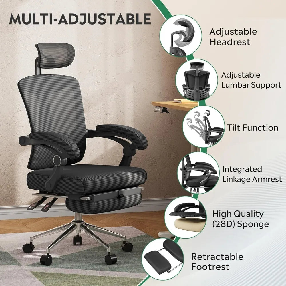 Ergonomic Mesh Office Desk Chair with Footrest,Comfrotable Big and Tall Reclining Computer Chair with Adjustable Lumbar Support