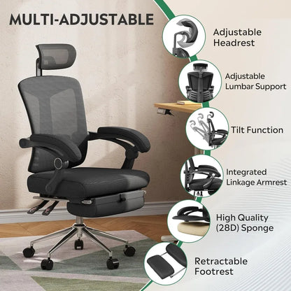 Ergonomic Mesh Office Desk Chair with Footrest,Comfrotable Big and Tall Reclining Computer Chair with Adjustable Lumbar Support