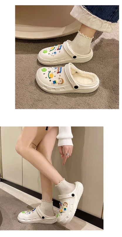 Winter Women Slippers Platform Clogs Warm Furry Slippers Fur Indoor Home Cotton Shoes Female Fluffy Slides Plush Slippers