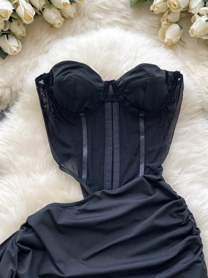 Foamlina  American Sexy Hollowed-out Waist Tube Top Dress for Women's Pleated Waist Hip-wrapped Streamer Girl's Short Dress