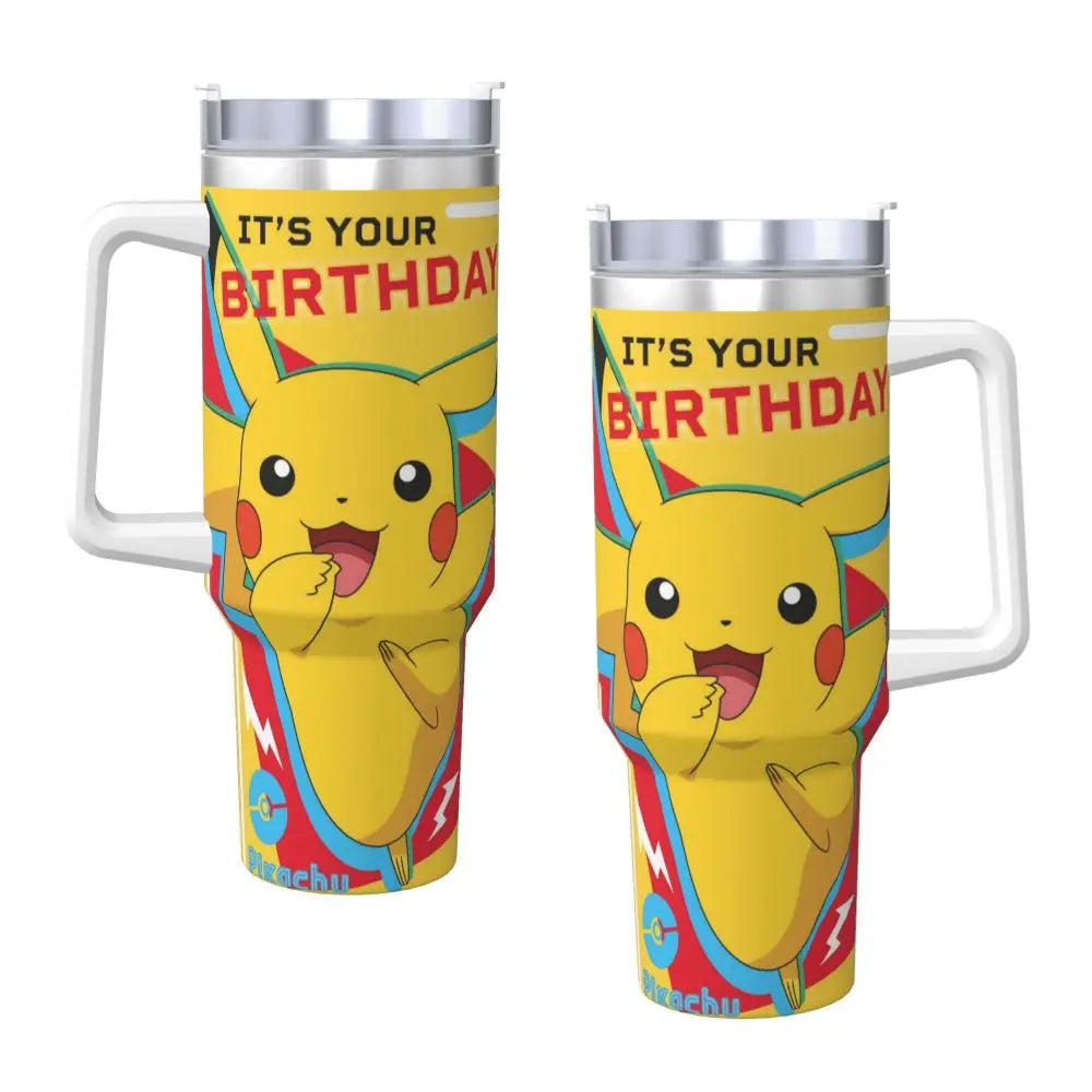 Stainless Steel Tumbler Pikachu Happy Birthday Thermal Mug Insulated Cold Drink Mugs Cup Beach Design Water Bottle