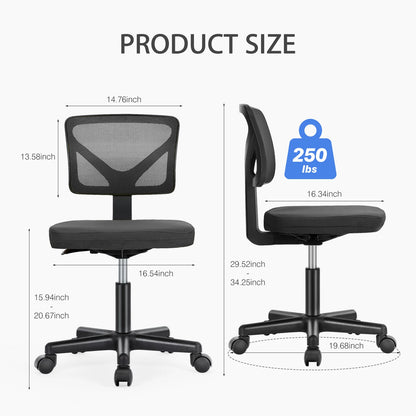 MCQ Armless Office Chairs with Swivel Rolling Wheels Ergonomic Mesh Mid Back Adjustable Height Computer Work Vanity Desk Chairs