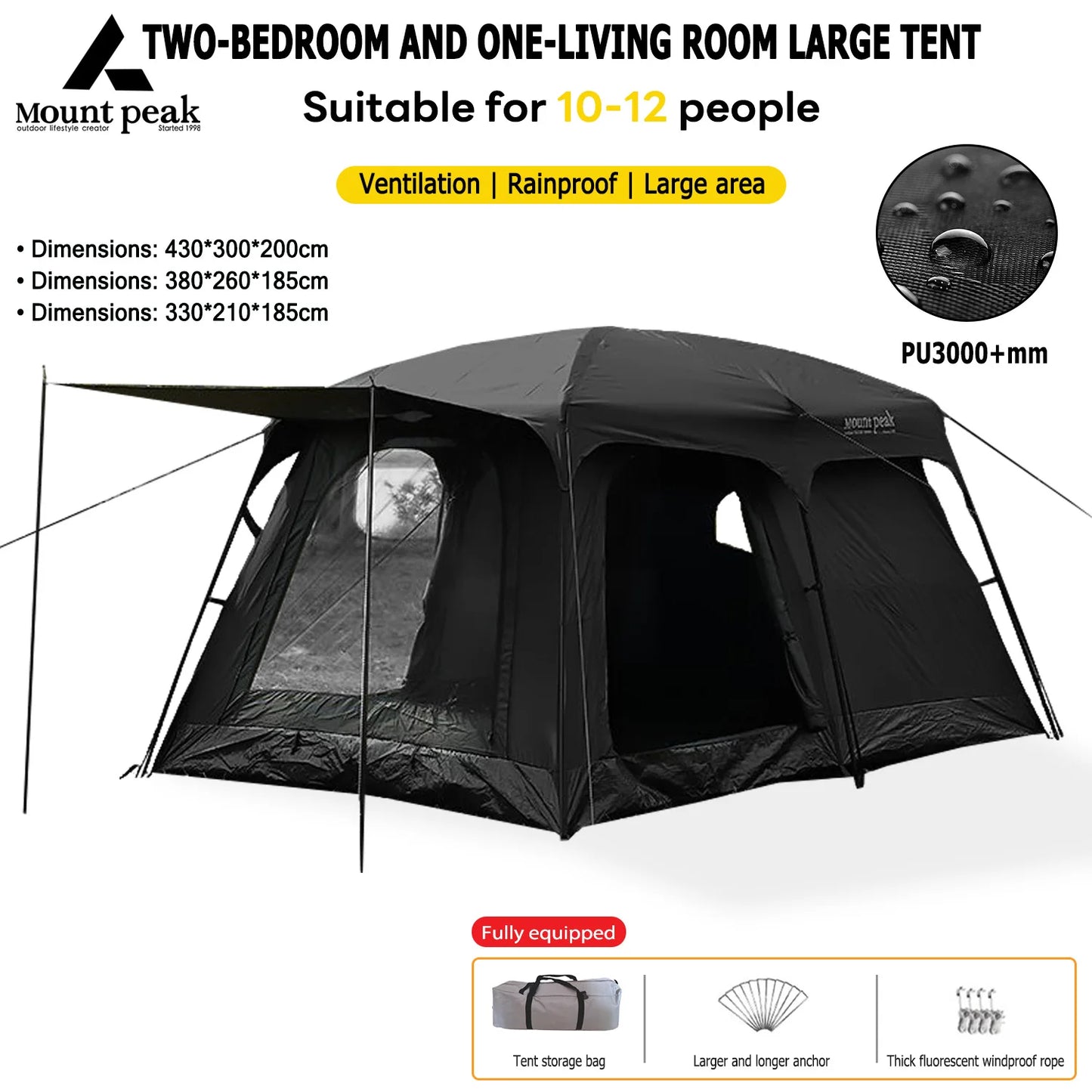 Mount Peak offers two-bedroom tents that can accommodate 5-8 people, and outdoor camping park family tents with sunshades.