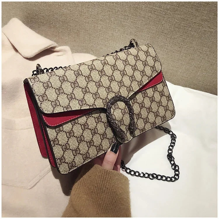Fashionable Mini Printed Chain Women's Bag Crossbody Shoulder Bag Soft PU Leather Square Shape Bag with Phone Pocket