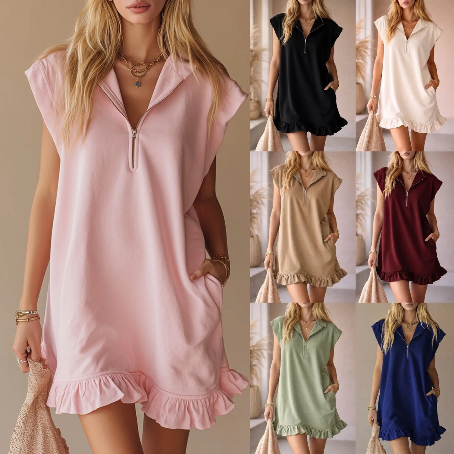 Spring Summer New Sleeveless Pocket Dress Zipper V-neck Ruffled A-line Skirt For Women Fashion Elegant Casual  Holiday Dresses