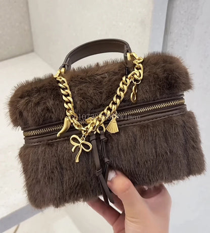 Faux Fur Mini Box Bags Luxury Designer Handbag for Women Trendy Ladies Fashion Casual Chain Elegant Shoulder Bags Crossbody Bag