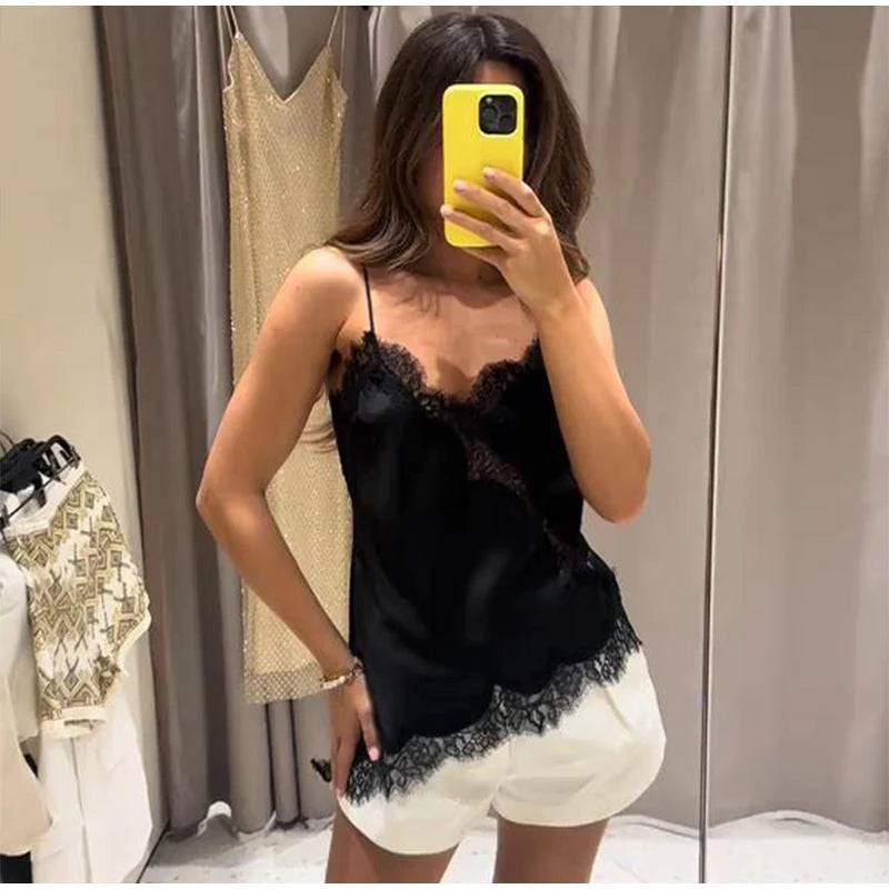 Sexy Floral Lace Satin Patchwork Camisole Vest For Women Summer Y2K Sleeveless Backless Tank Holiday Evening Party Lady Chic Top