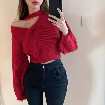 2024 New Halter Neck Off-the-shoulder Cropped Sweater Women's Autumn/winter Outerwear Waist-fitted Korean Knitted Top Sleeve
