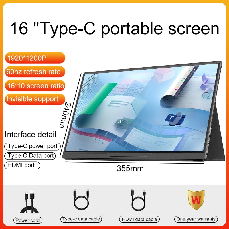 16inch Portable Monitor 2.5K/120HZ/100%sRGB  For Laptop XBox PS4 / 5 Switch Cell Phone Computer Extension Gaming  Travel Screen