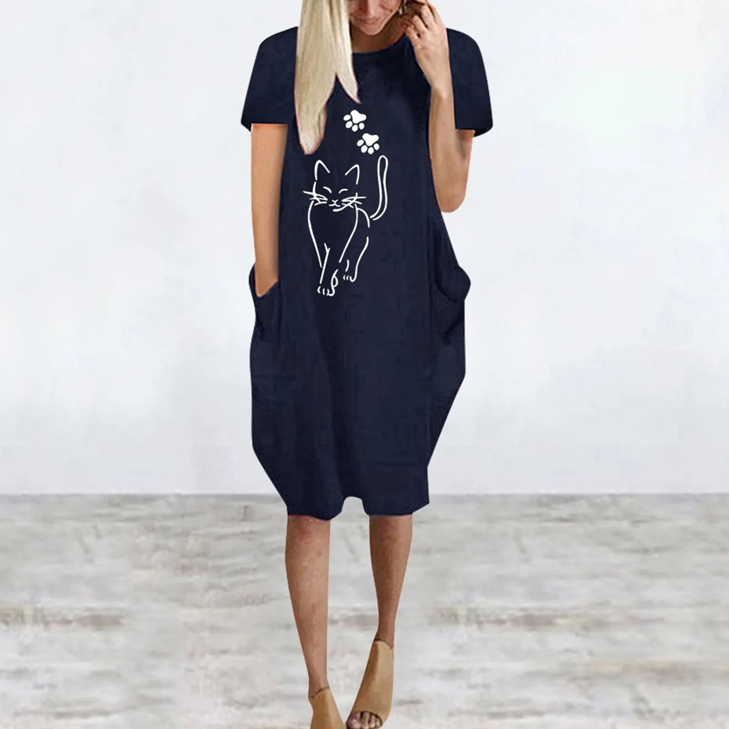 Plus Size Women Short Sleeve O-Neck Loose Casual Dresses Casual Short Sleeve Shirt Mini Dresses Round Neck Pockets Sexy Female T