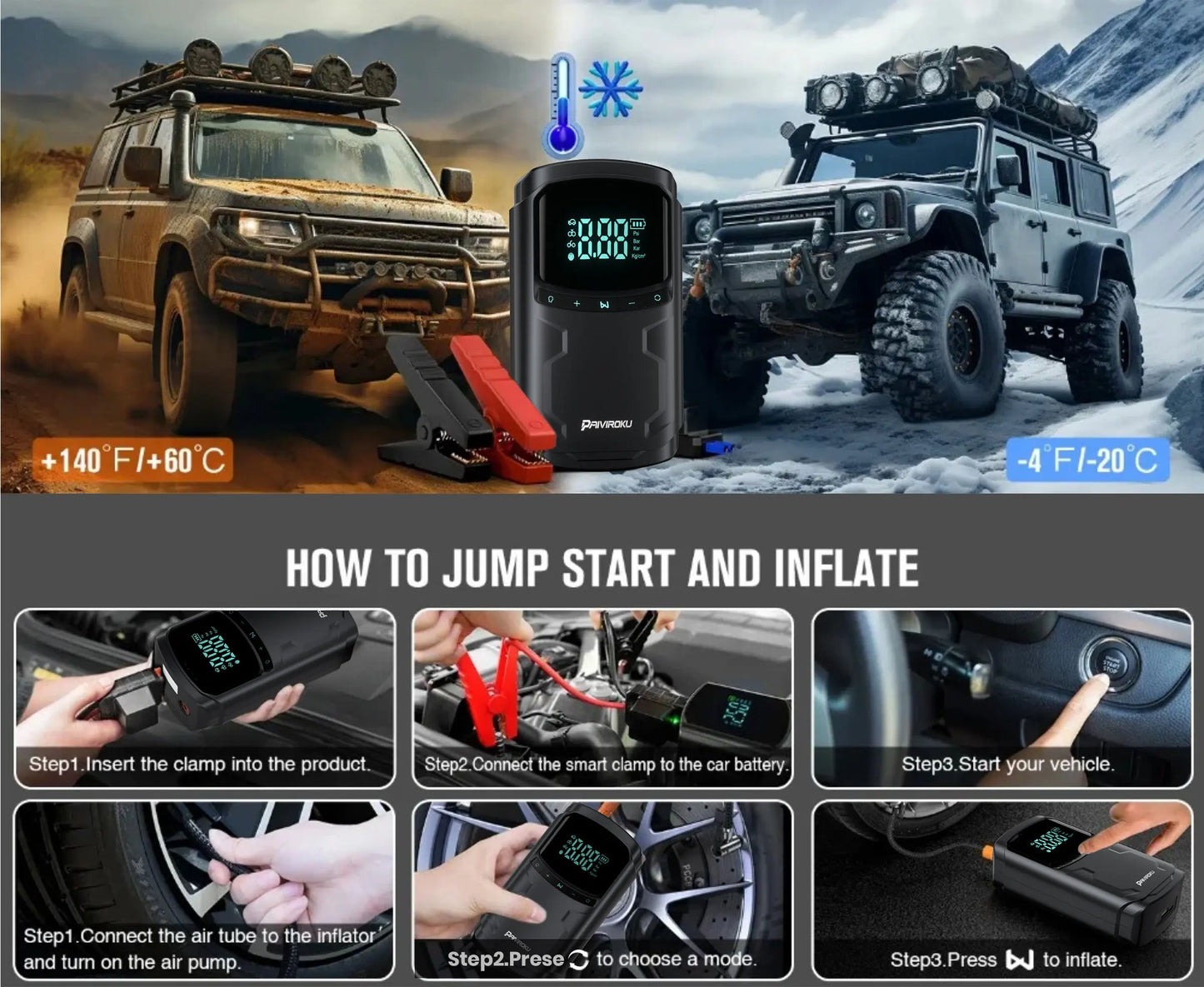 Car Jump Starter with Air Compressor Peak 5000A Auto Battery Booster 150PSI Air Pump Portable Power Bank Tire Inflator Lighting