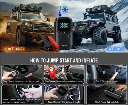 Car Jump Starter with Air Compressor Peak 5000A Auto Battery Booster 150PSI Air Pump Portable Power Bank Tire Inflator Lighting