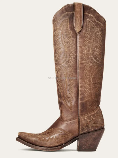 Women Western Cowboy Style Boots Pointed Thick High Heels Knee Length Embroidered Boot Autumn Block Heel Retro Casual Shoes