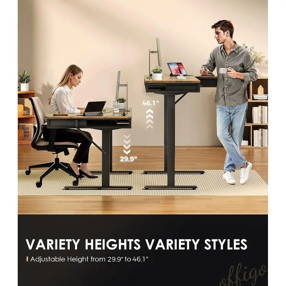 63 L-Shaped Electric Adjustable Desk with Power Outlets, Large Sit-Stand Workstation, Rustic Brown