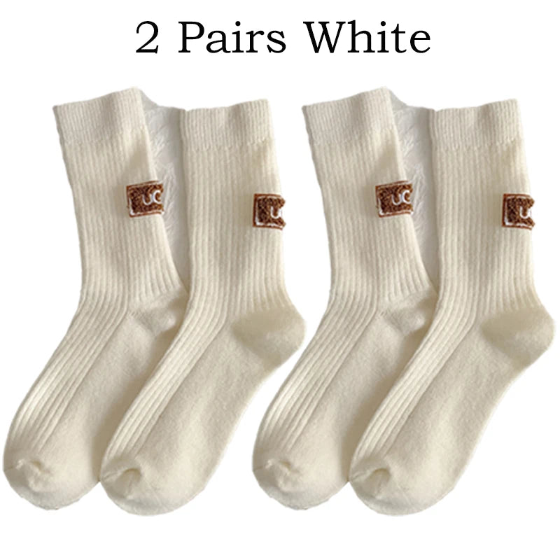 2 Pairs Cashmere Socks Winter Women Warm Wool Thickened Mid-Tube Trendy Heel Furry Label Letter Solid Color Snow Boot Socks New