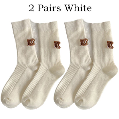2 Pairs Cashmere Socks Winter Women Warm Wool Thickened Mid-Tube Trendy Heel Furry Label Letter Solid Color Snow Boot Socks New