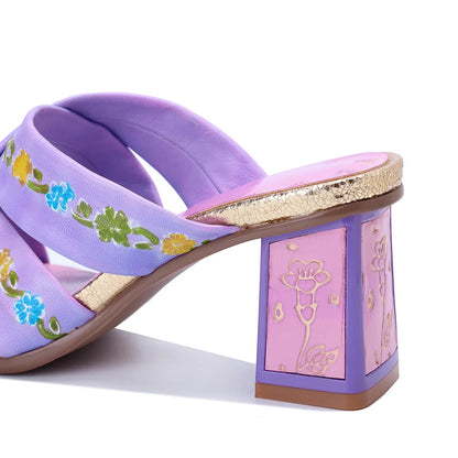 Purple Handmade Woman Slippers Luxury Party Banquet Shoes 6.5CM High Heels Summer Fashion Slide Lady Square Toe Bohemian Sandals