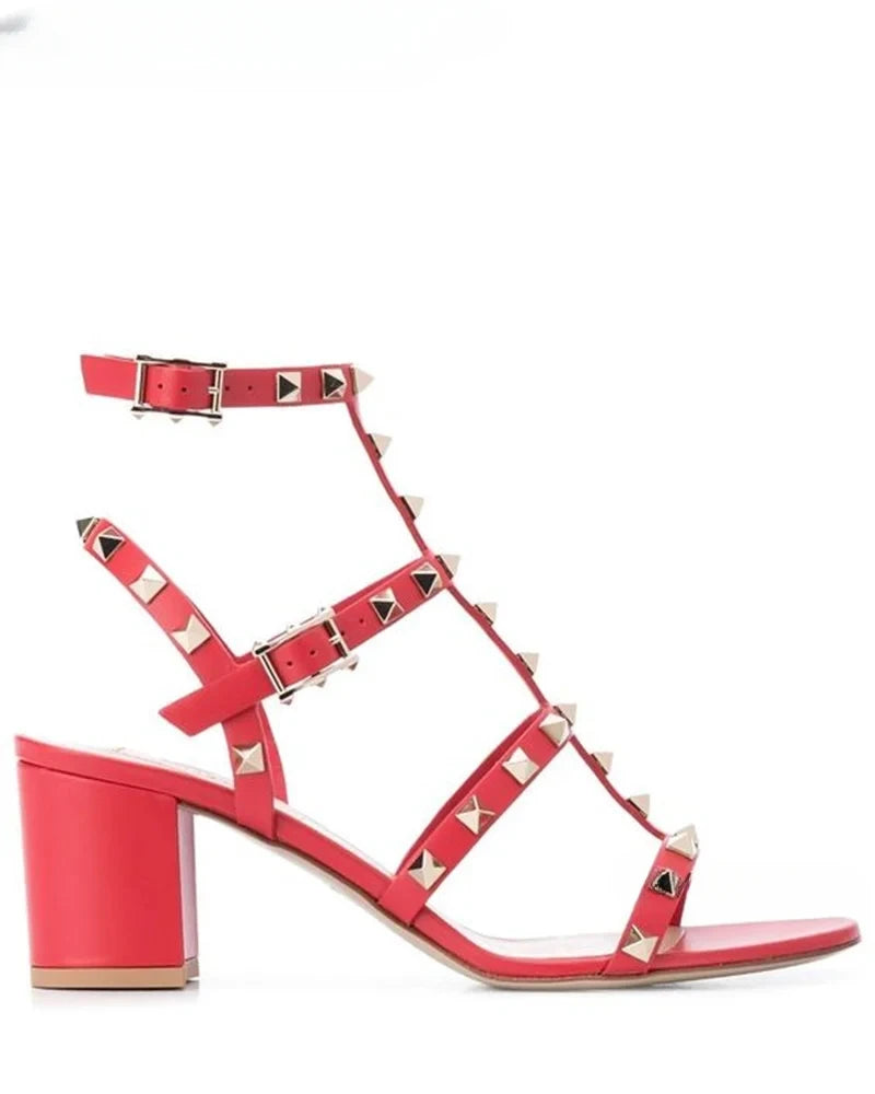 Rockstud Open Toe Block Heel Sandals Luxury Designer Ankle Straps Chunky Heels Women Summer Colorful Leather Pumps Dress Shoes