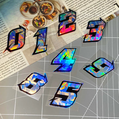 1PC Arabic Numbers Motorcycle Stickers Reflective Holographic Carbon Effect for Helmet Scooter Fuel Tank Front Fairing Decals