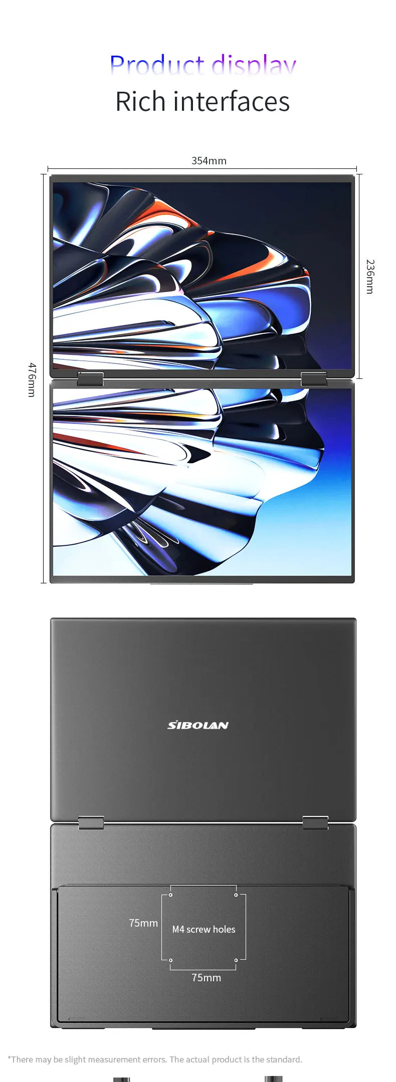 Sibolan 16 inch 2.5K Dual Screen Portable Monitor 60Hz 100% sRGB HDMI USB-C Plug Metal Body Laptop Display Extender For Wins Mac