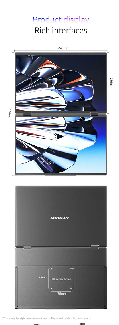 Sibolan 16 inch 2.5K Dual Screen Portable Monitor 60Hz 100% sRGB HDMI USB-C Plug Metal Body Laptop Display Extender For Wins Mac